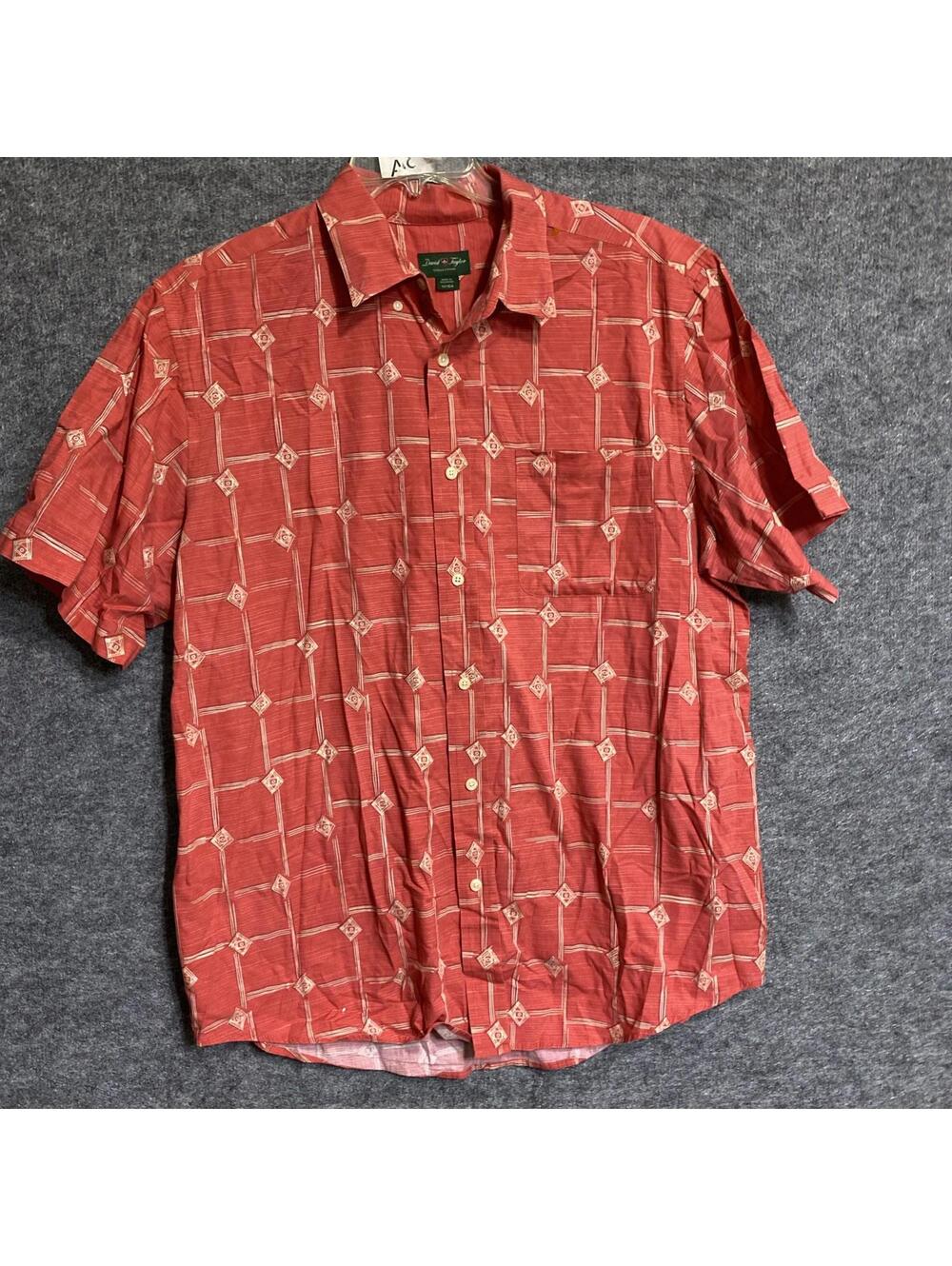 David Taylor Shirt Men’s Hawaiian Geometric Orange Size XL/TG Short Sleeves